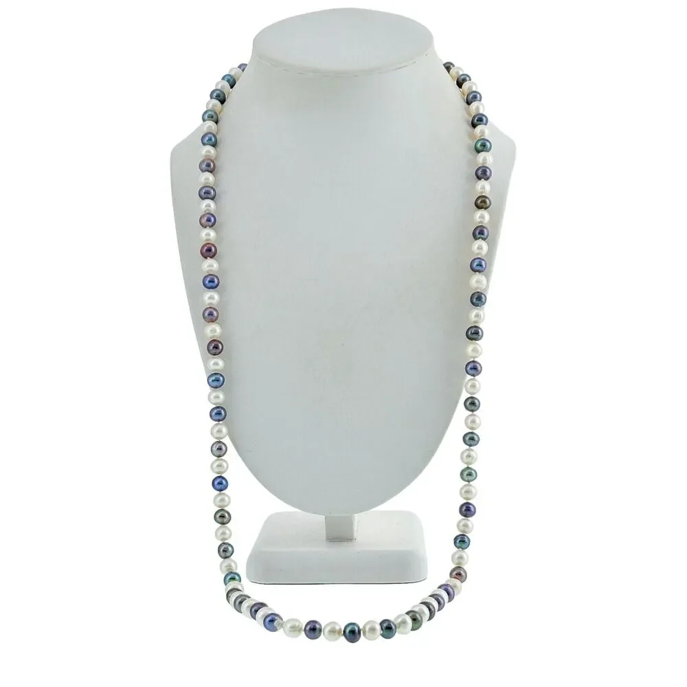 Vintage Sterling Silver 925 Alternating Peacock & White Pearl Necklace 31"